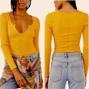 NWT INTIMATELY FREE PEOPLE Ciara Waffle Knit Mustard Cozy Henley Longsleeve Top
